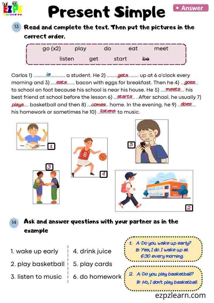 Present Simple Worksheet – Read, Complete the Text, and Sequence the Pictures
